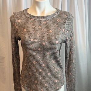 Free People Gray and Pink Floral Long Sleeve Top